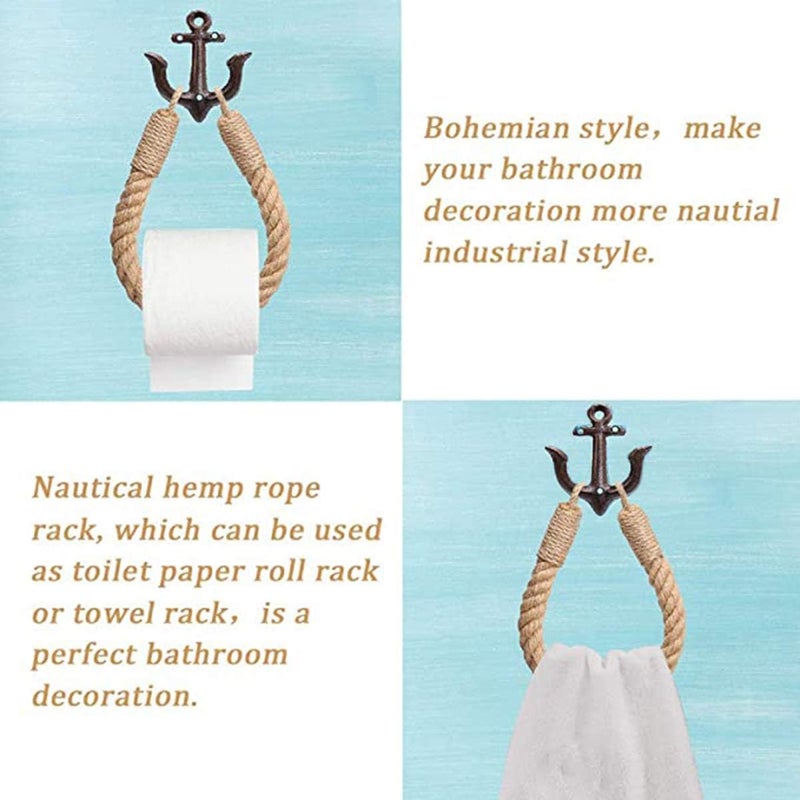 Amerla Nautical Anchor Toilet Paper Holder Rustic Industrial Wall-Mounted Towel Ring with Metal Hook for Bathroom Decor (Black) - Image 3